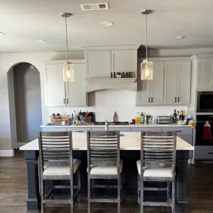 Kitchen island with pendant lighting.