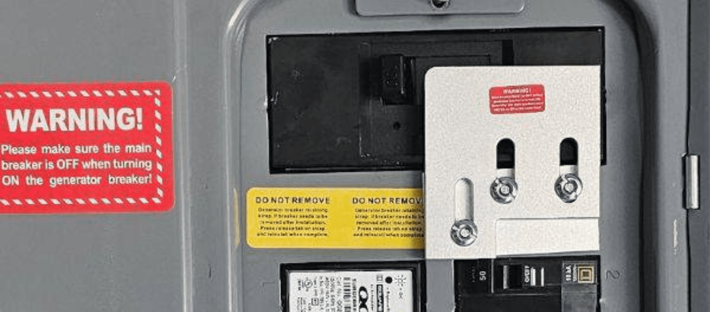 Portable generator interlock kit installed on a residential electrical panel, showing safety labels and breaker lockout system.
